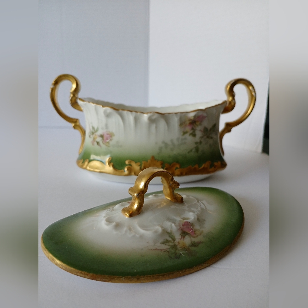 Unique Antique Rare French Porcelain Hand Painted Sugar Bowl Spring Gift marked